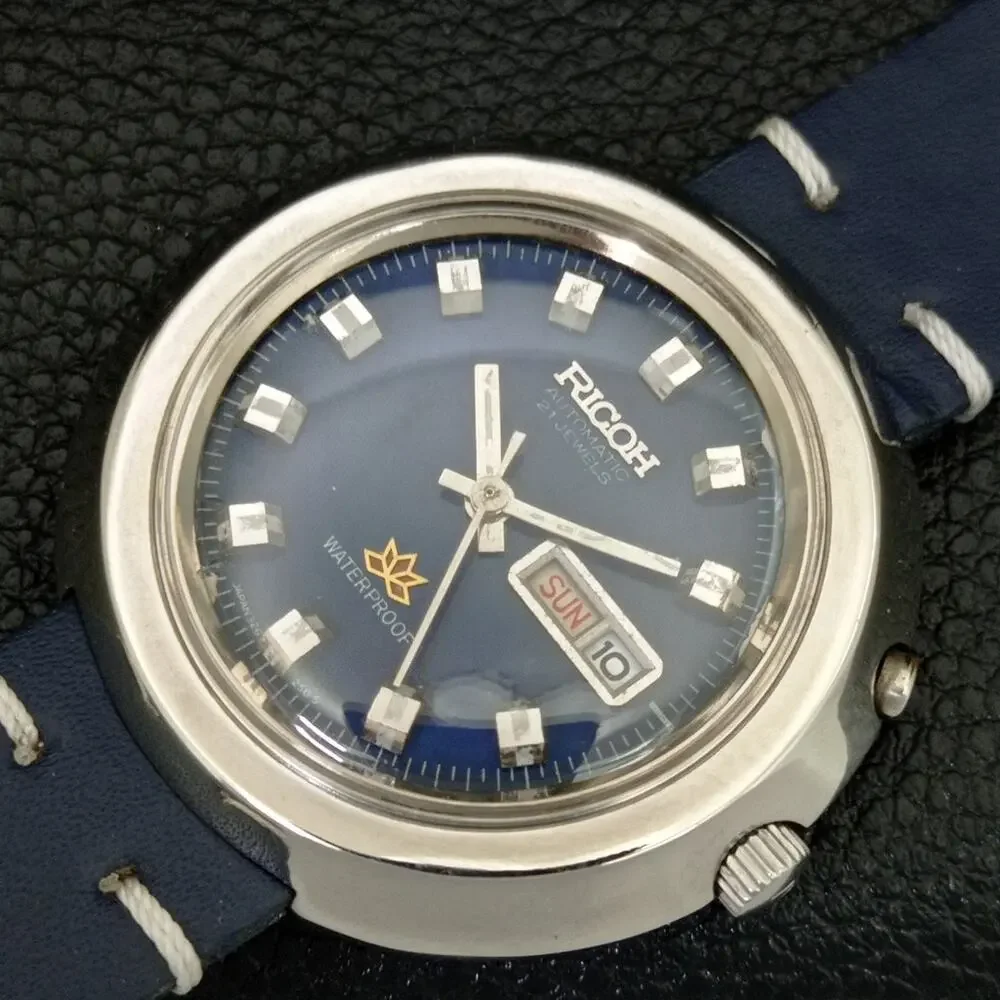 Vintage 1979 Ricoh Automatic Mens Silver Watch W/daydate & Blue accents